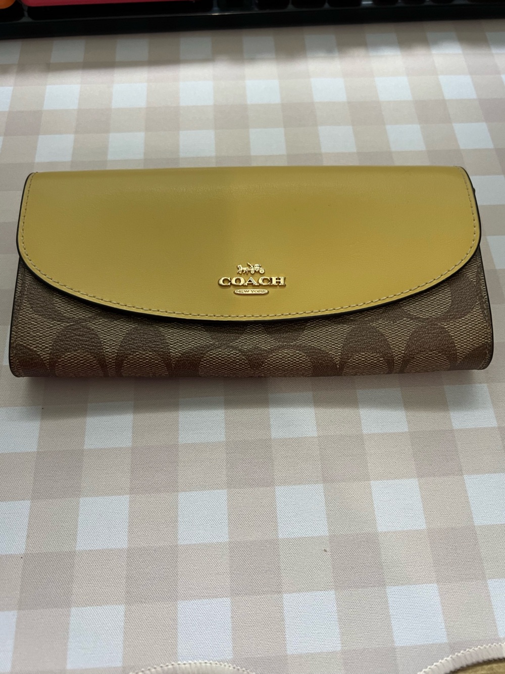 Coach Brown Signature Canvas Wallet with Yellow Leather Flap